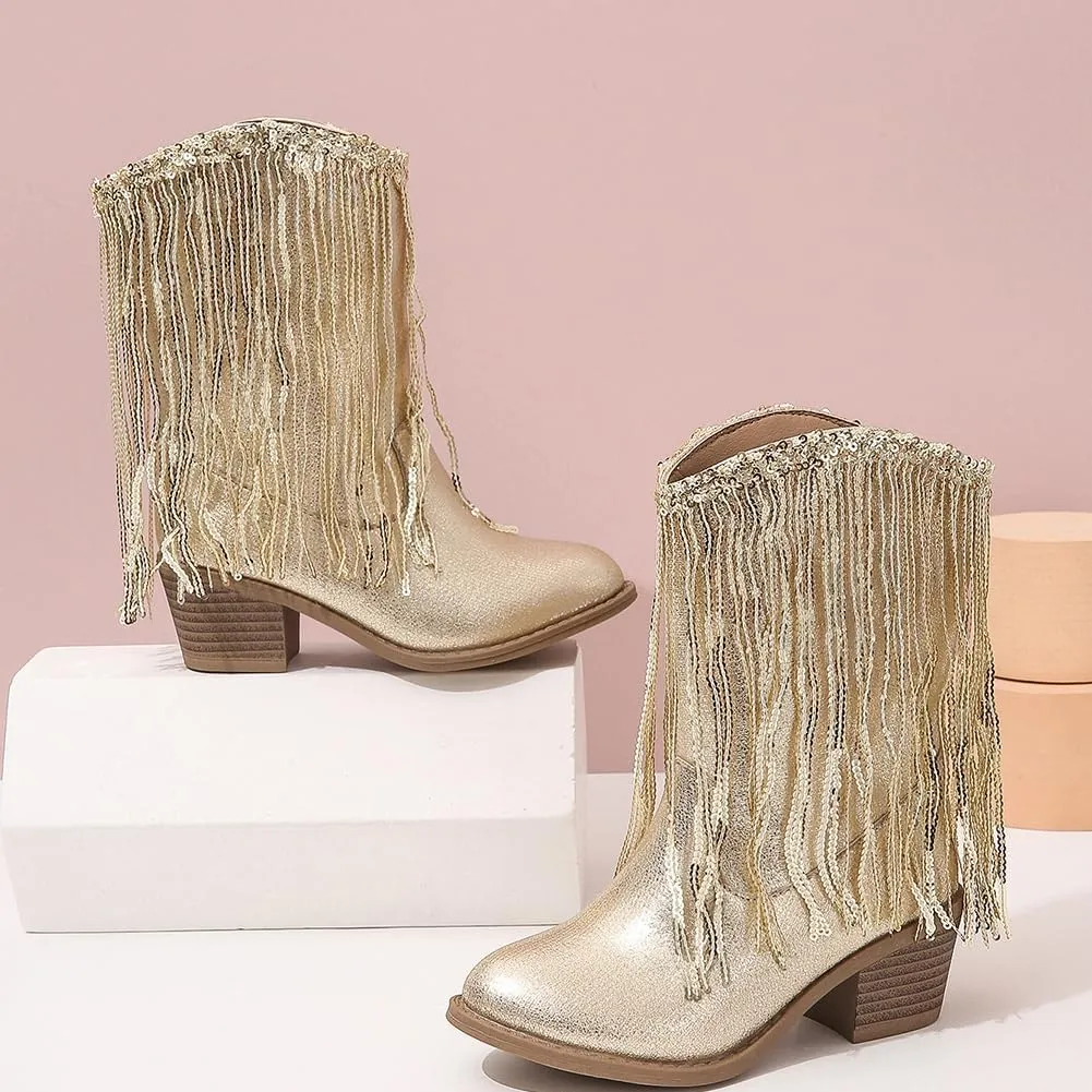 Girls Winter Low Heels Princess Boots Tassel Sequin Mid Calf Riding Shoes
