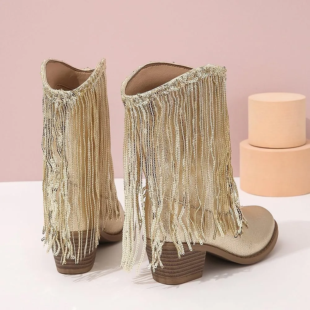 Girls Winter Low Heels Princess Boots Tassel Sequin Mid Calf Riding Shoes