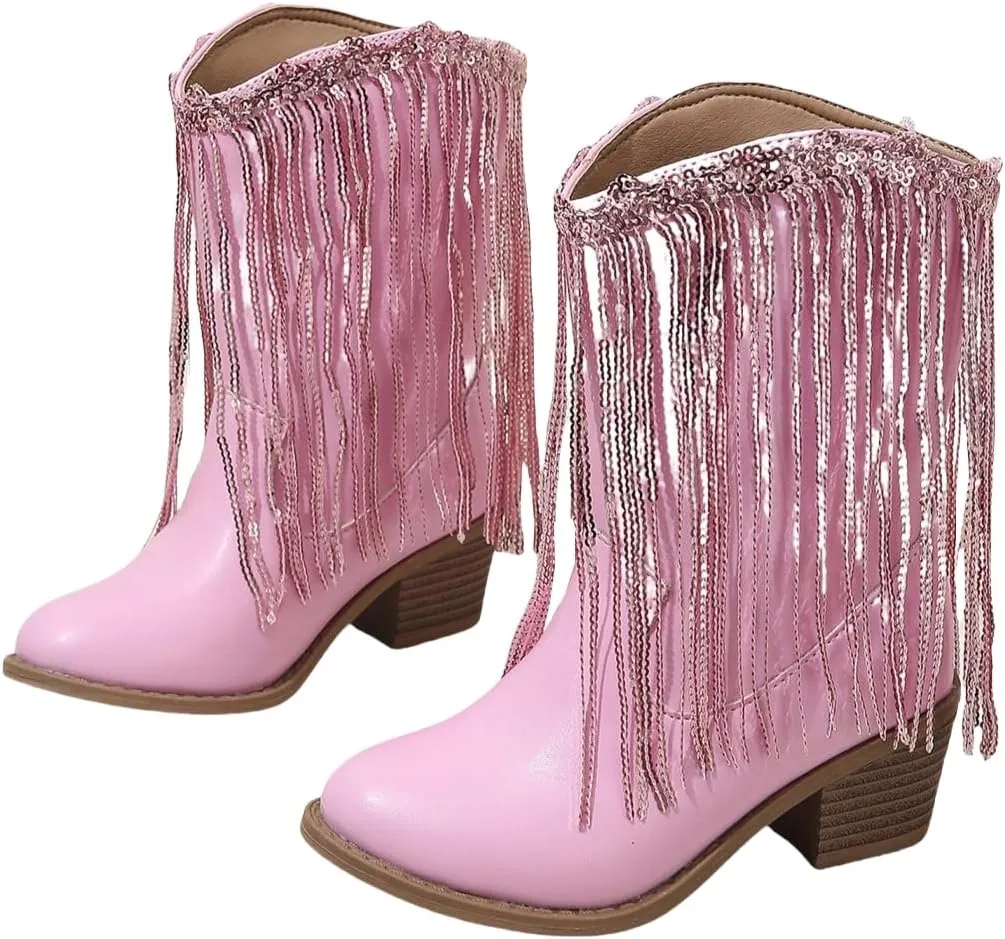 Girls Winter Low Heels Princess Boots Tassel Sequin Mid Calf Riding Shoes