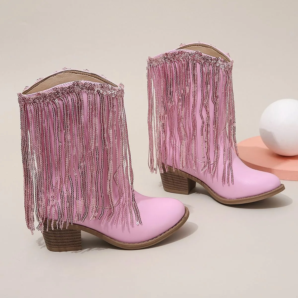 Girls Winter Low Heels Princess Boots Tassel Sequin Mid Calf Riding Shoes