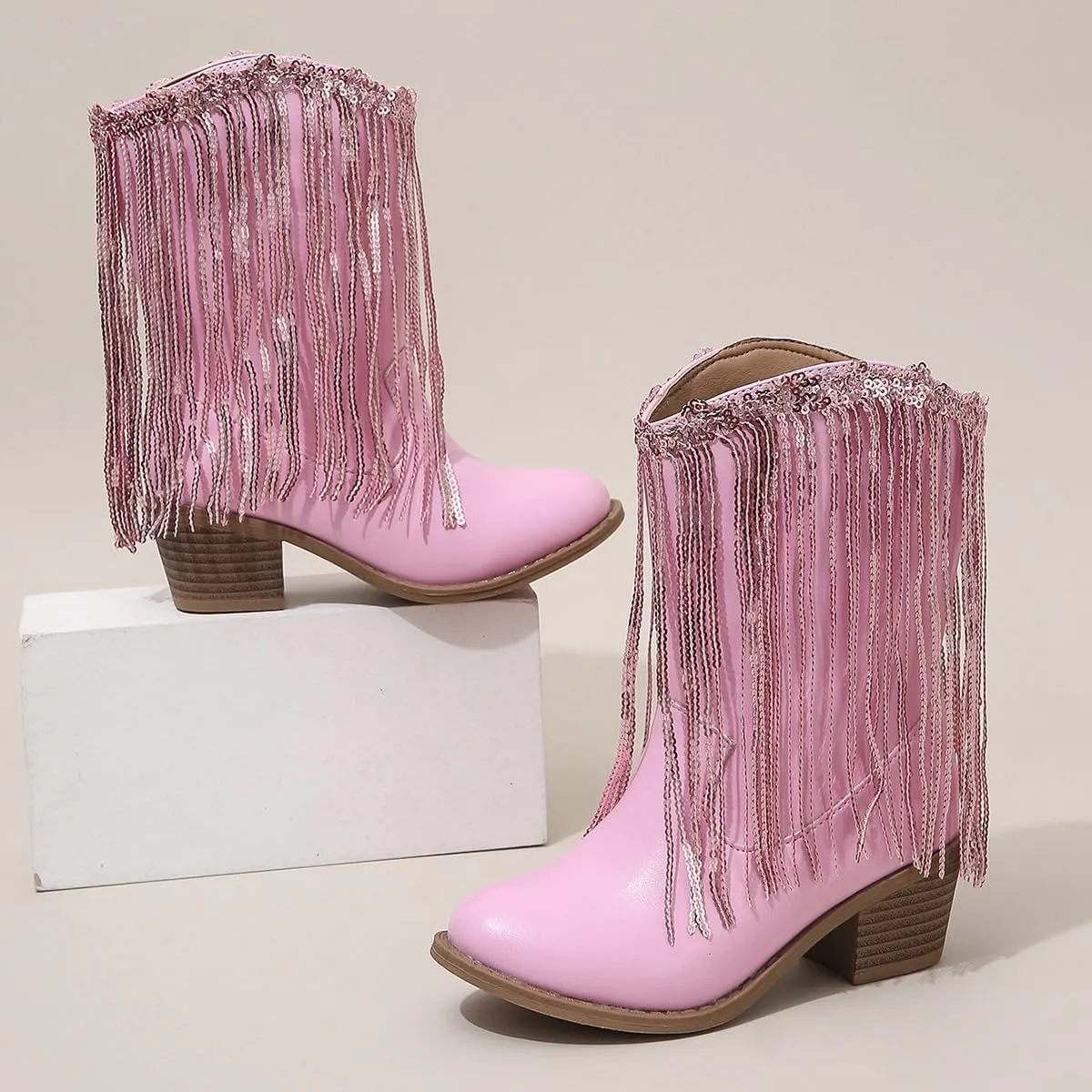 Girls Winter Low Heels Princess Boots Tassel Sequin Mid Calf Riding Shoes