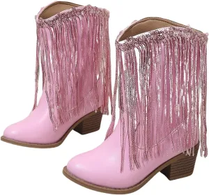 Girls Winter Low Heels Princess Boots Tassel Sequin Mid Calf Riding Shoes