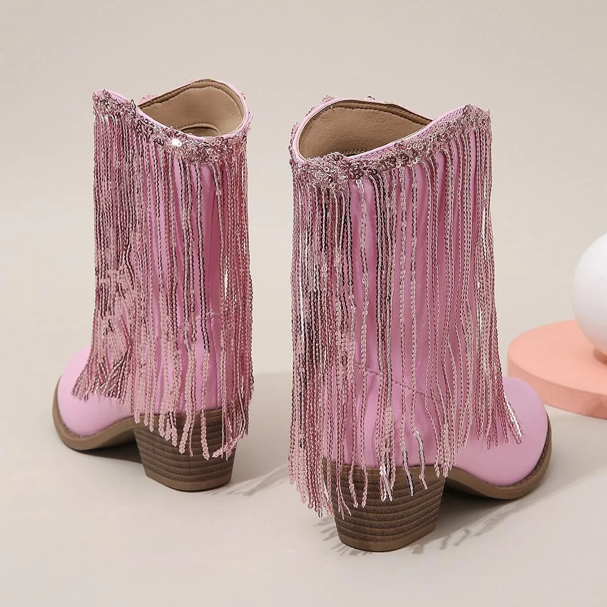 Girls Winter Low Heels Princess Boots Tassel Sequin Mid Calf Riding Shoes
