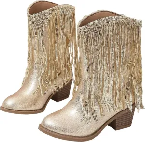 Girls Winter Low Heels Princess Boots Tassel Sequin Mid Calf Riding Shoes