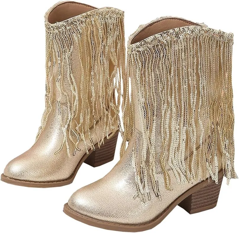 Girls Winter Low Heels Princess Boots Tassel Sequin Mid Calf Riding Shoes