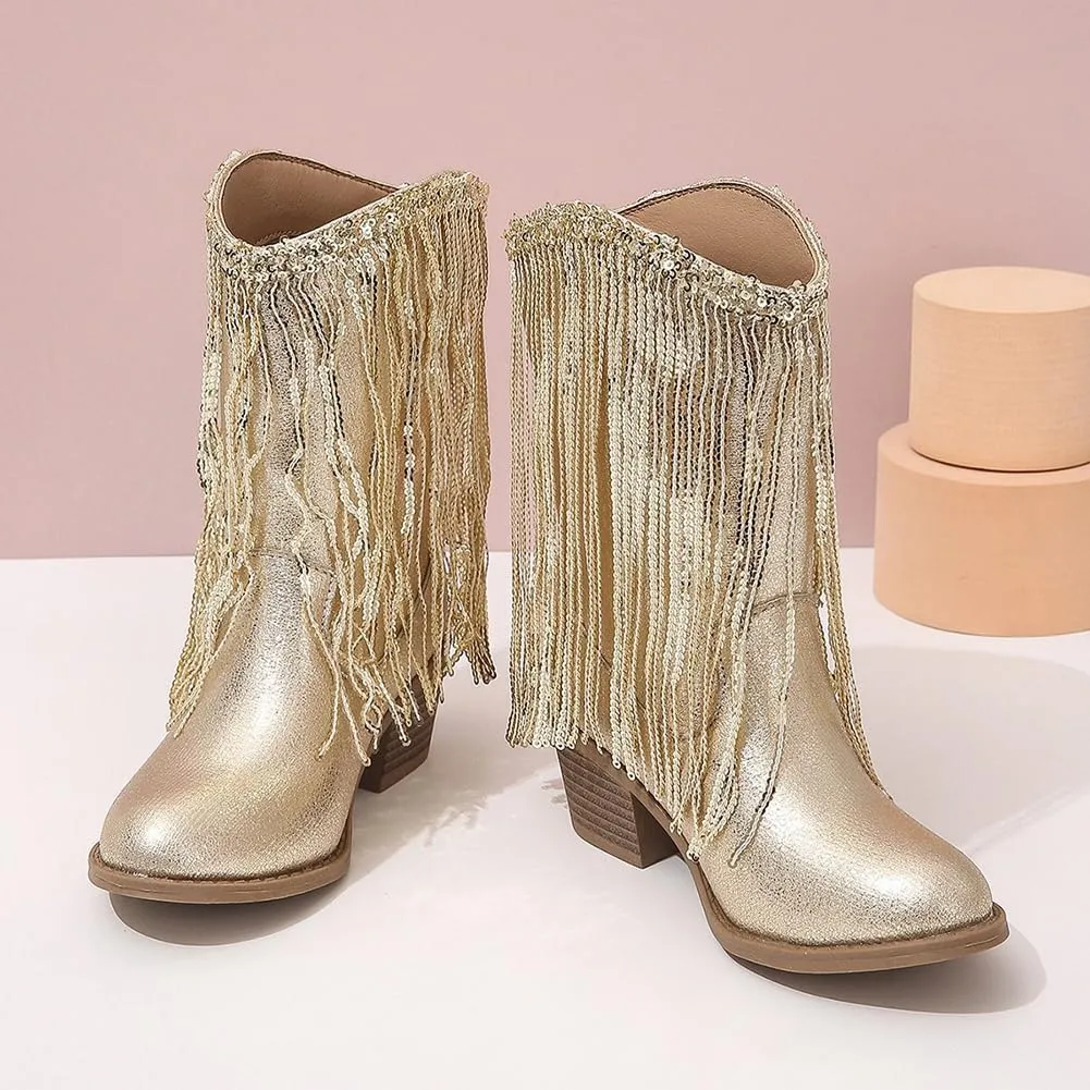 Girls Winter Low Heels Princess Boots Tassel Sequin Mid Calf Riding Shoes