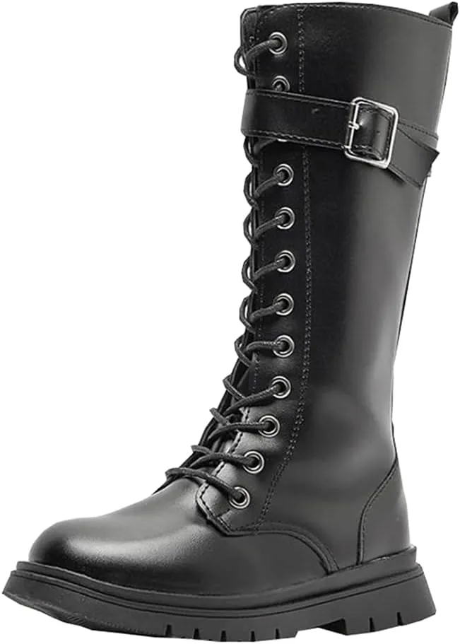 Girls Winter Warm Fur Riding Boots Knee High PU Leather Motorcycle boots
