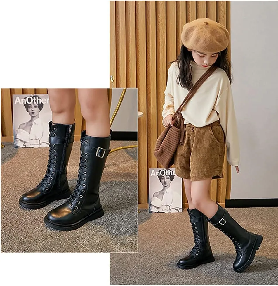 Girls Winter Warm Fur Riding Boots Knee High PU Leather Motorcycle boots