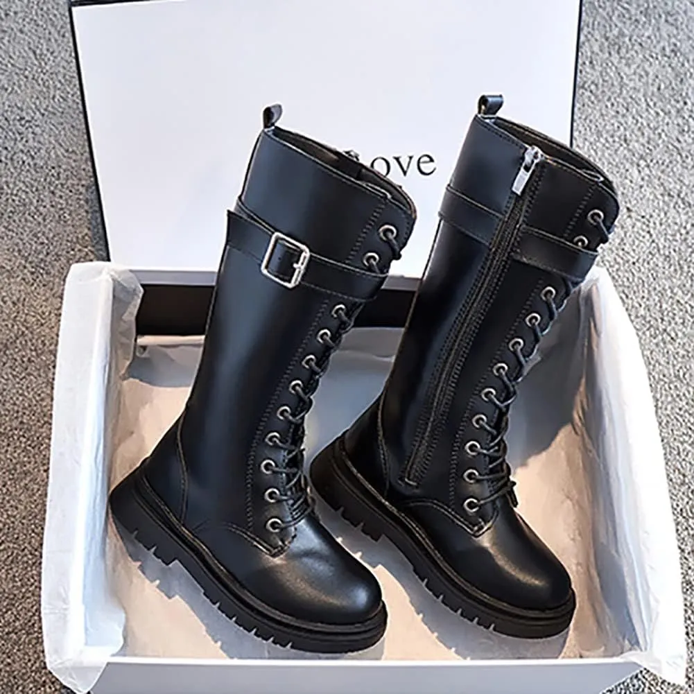 Girls Winter Warm Fur Riding Boots Knee High PU Leather Motorcycle boots