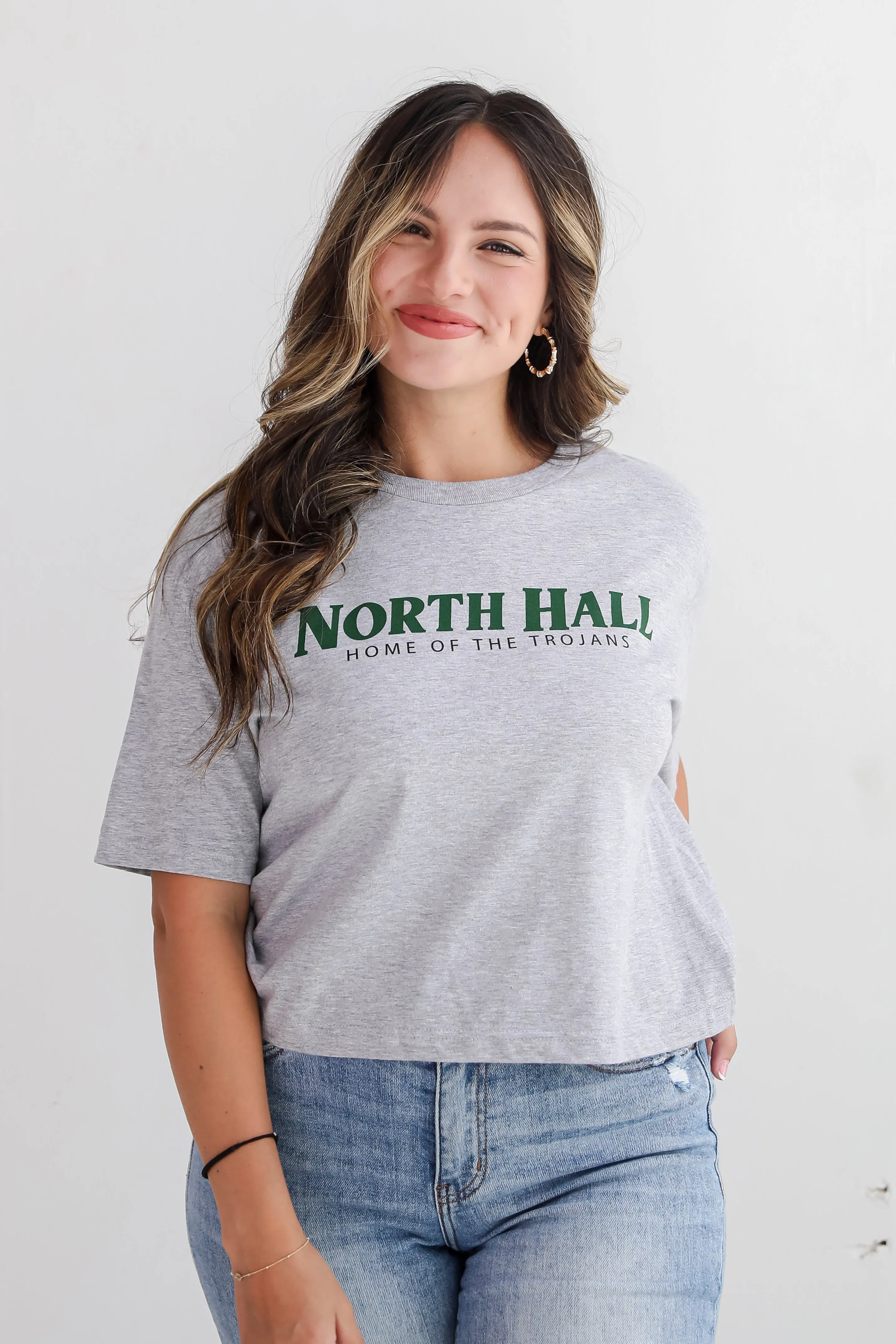 Heather Grey North Hall Home Of The Trojans Cropped Tee