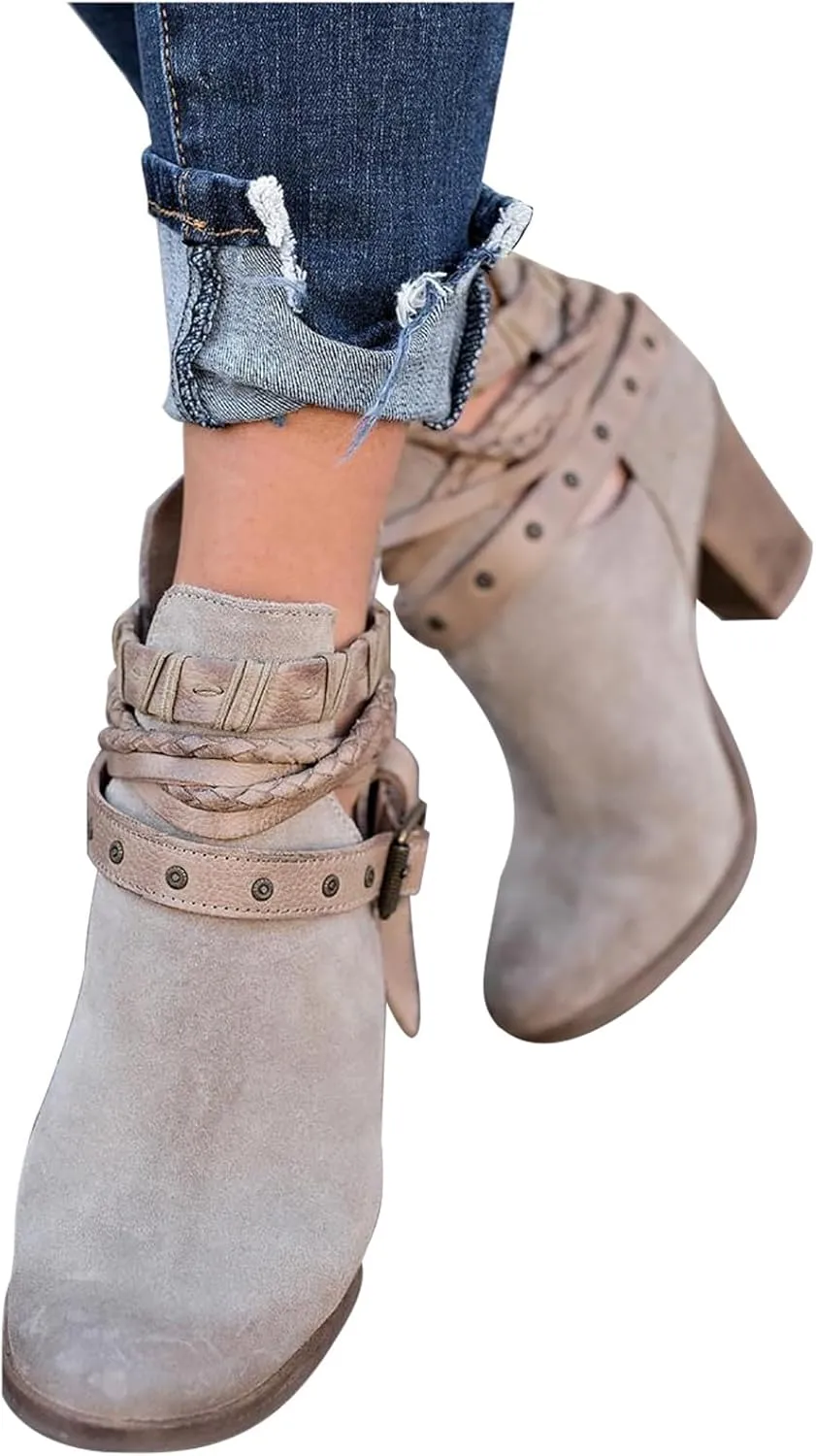 Heels for Women Suede Belt Buckle Chunky Heel Boots Round Hole Strappy Boots Vintage Fashion Back Zipper Boots