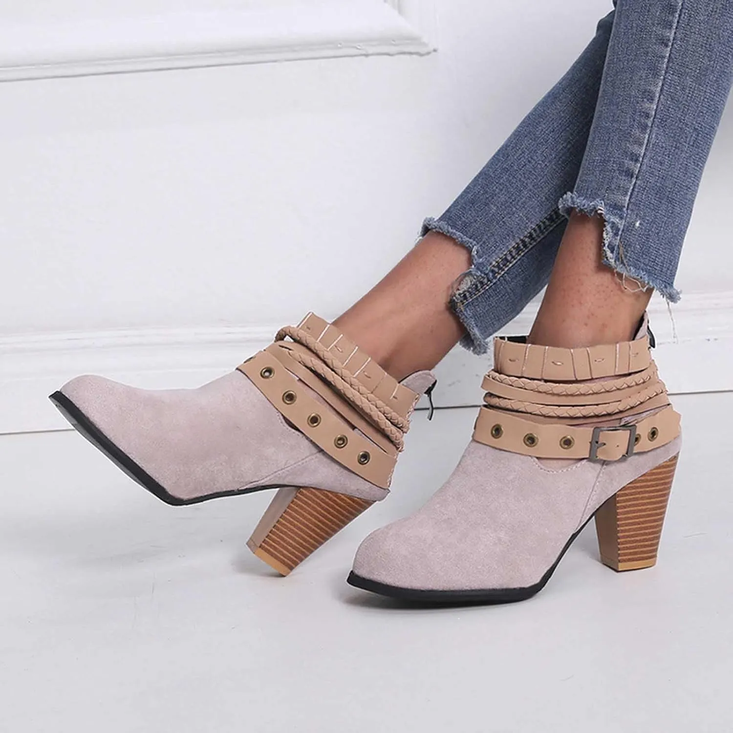 Heels for Women Suede Belt Buckle Chunky Heel Boots Round Hole Strappy Boots Vintage Fashion Back Zipper Boots