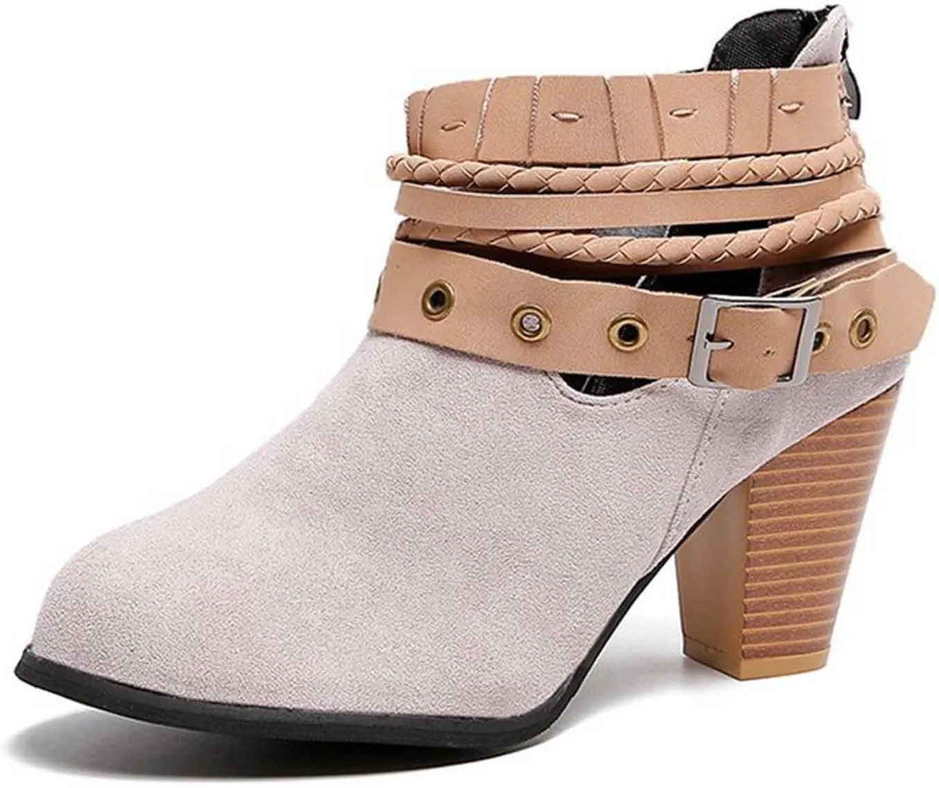 Heels for Women Suede Belt Buckle Chunky Heel Boots Round Hole Strappy Boots Vintage Fashion Back Zipper Boots