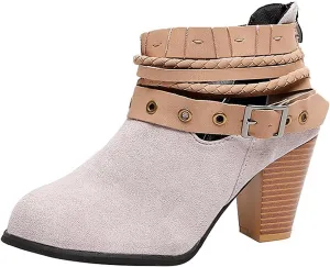 Heels for Women Suede Belt Buckle Chunky Heel Boots Round Hole Strappy Boots Vintage Fashion Back Zipper Boots