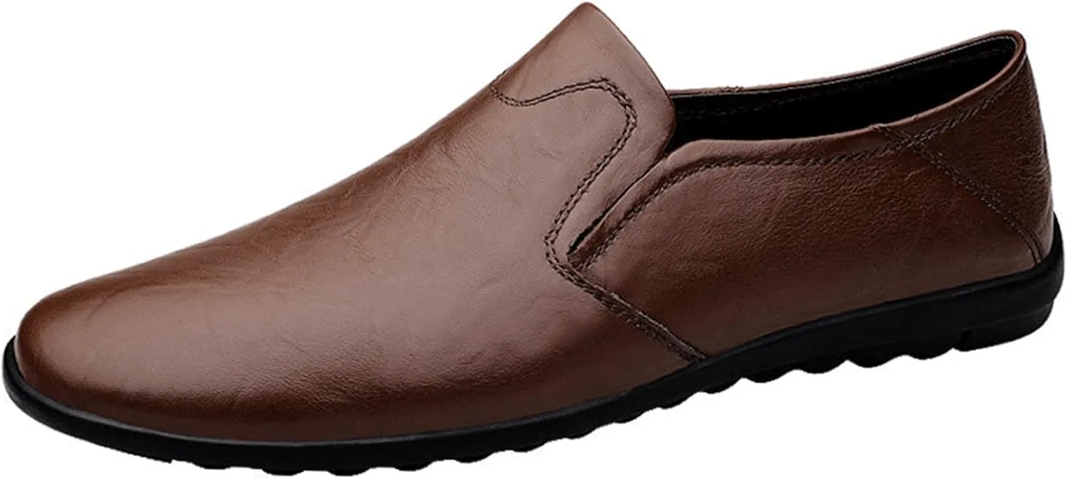 HOOENG Smoking Loafer for Men Genuine Leather Round Toe Breathable Lightweight Resistant Flat Heel Flexible Casual Slip on