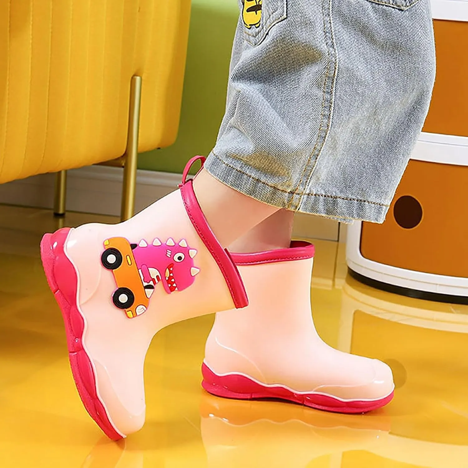 Kids Rubber Cartoon Rain Boots Toddler Shoes Cute Cartoon Dinosaur Waterproof Outdoor Boots for Boys Girls
