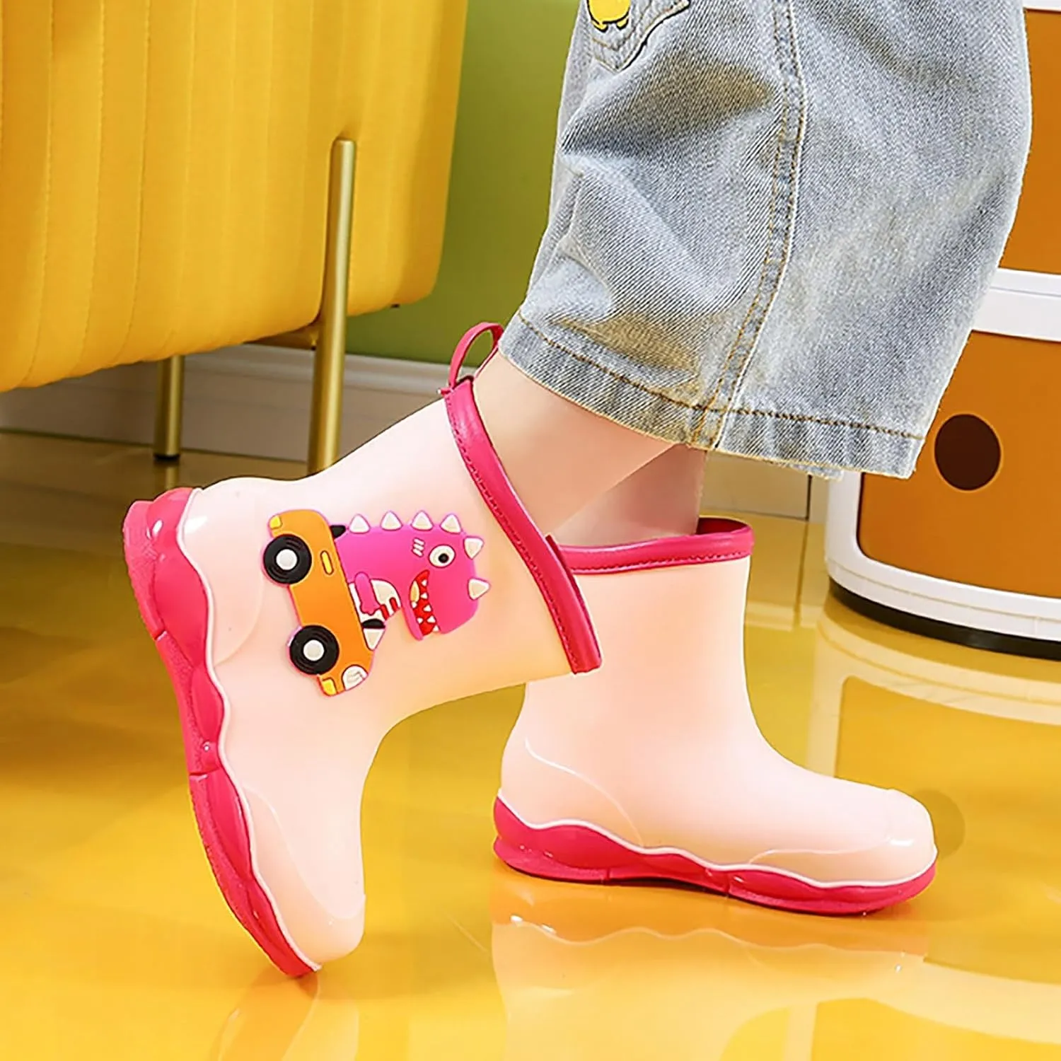 Kids Rubber Cartoon Rain Boots Toddler Shoes Cute Cartoon Dinosaur Waterproof Outdoor Boots for Boys Girls