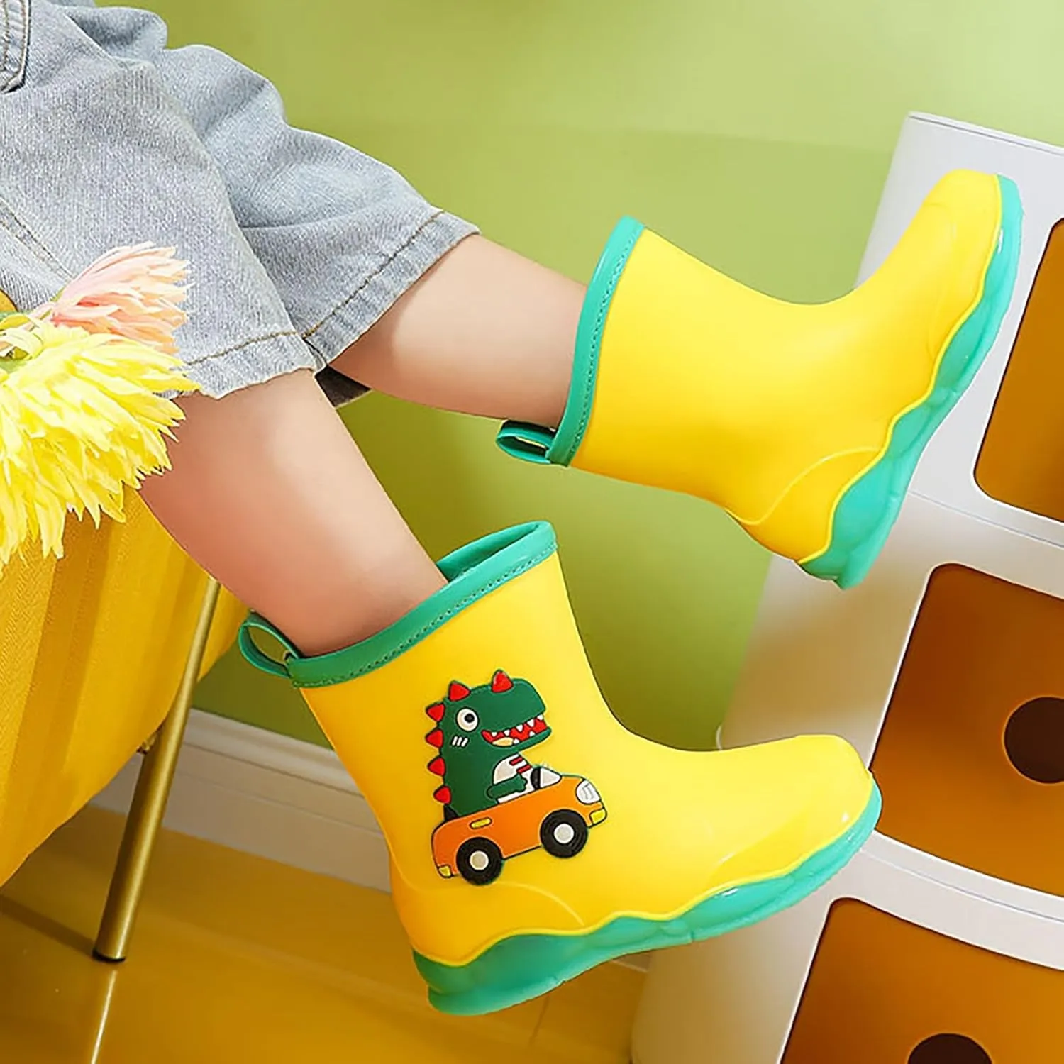 Kids Rubber Cartoon Rain Boots Toddler Shoes Cute Cartoon Dinosaur Waterproof Outdoor Boots for Boys Girls