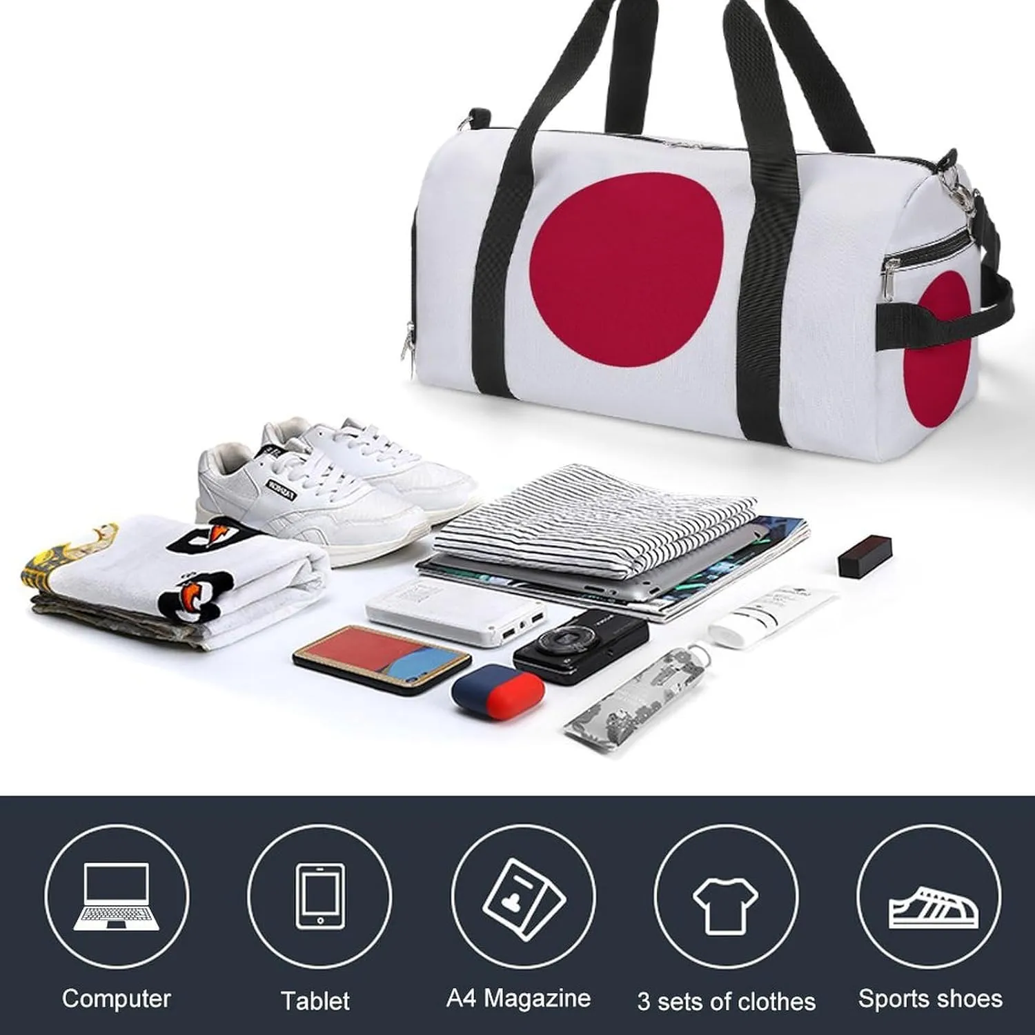 Lightweight Japan Flag Duffel Bag for Boys Girls with Shoe Compartment Weekender