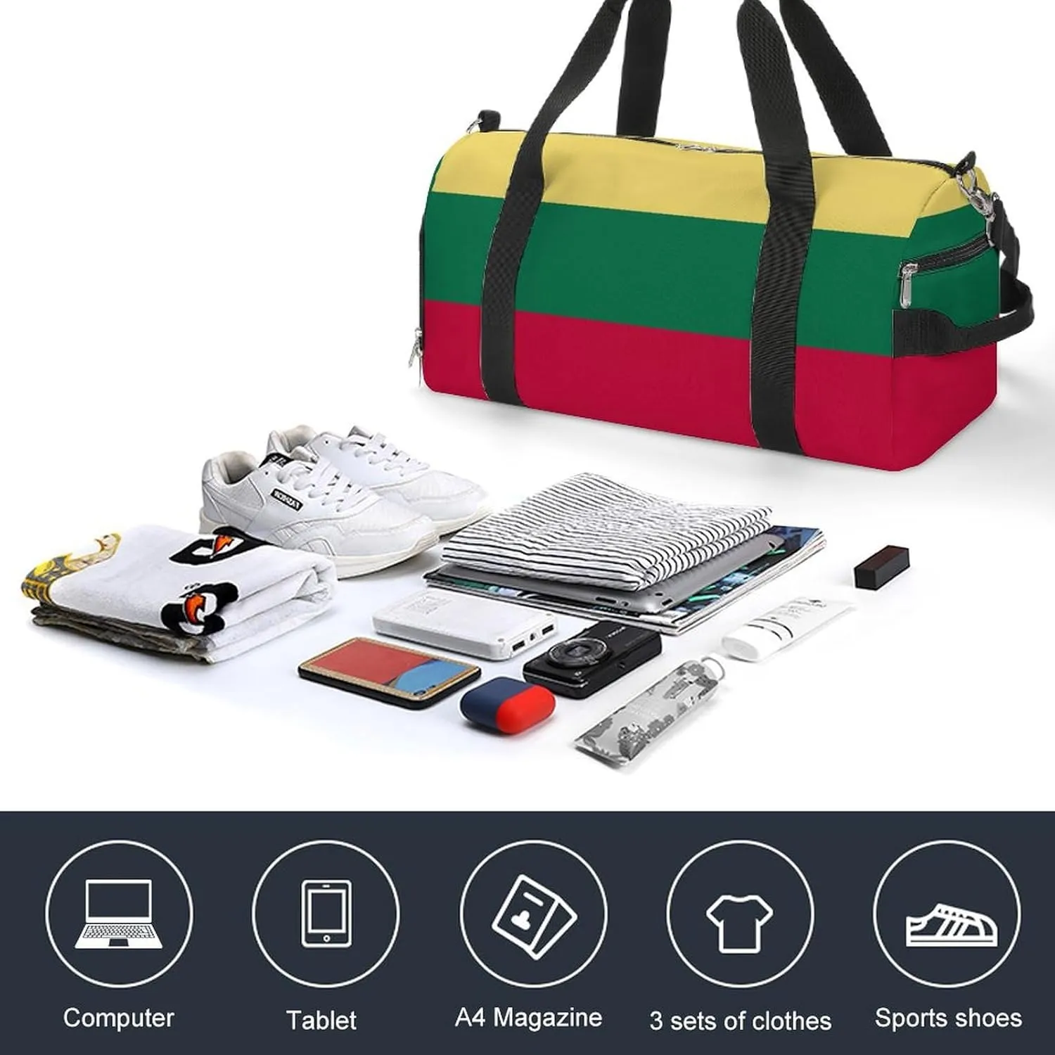 Lightweight Lithuania Flag Duffel Bag for Boys Girls with Shoe Compartment Weekender