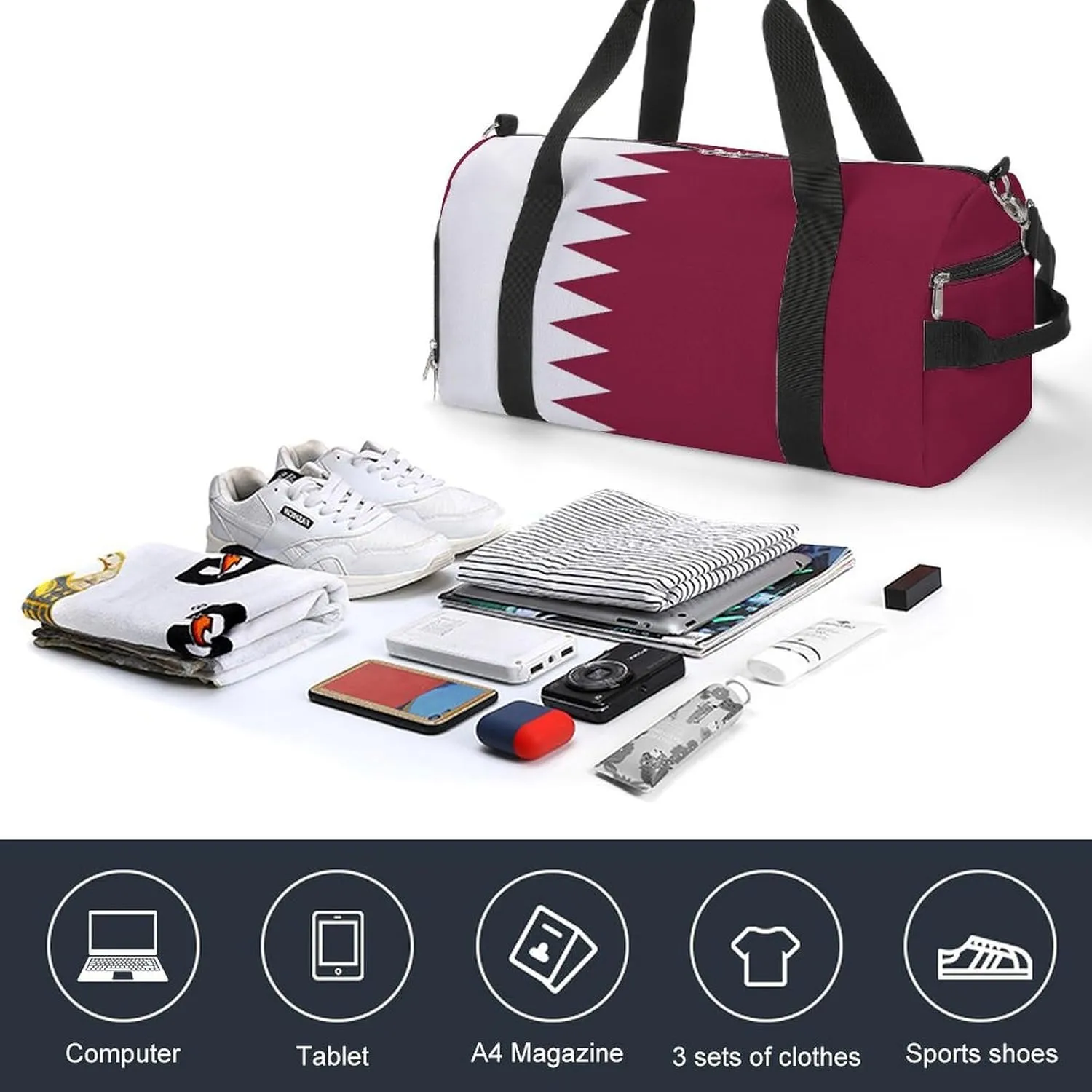 Lightweight Qatar Flag Duffel Bag for Boys Girls with Shoe Compartment Weekender