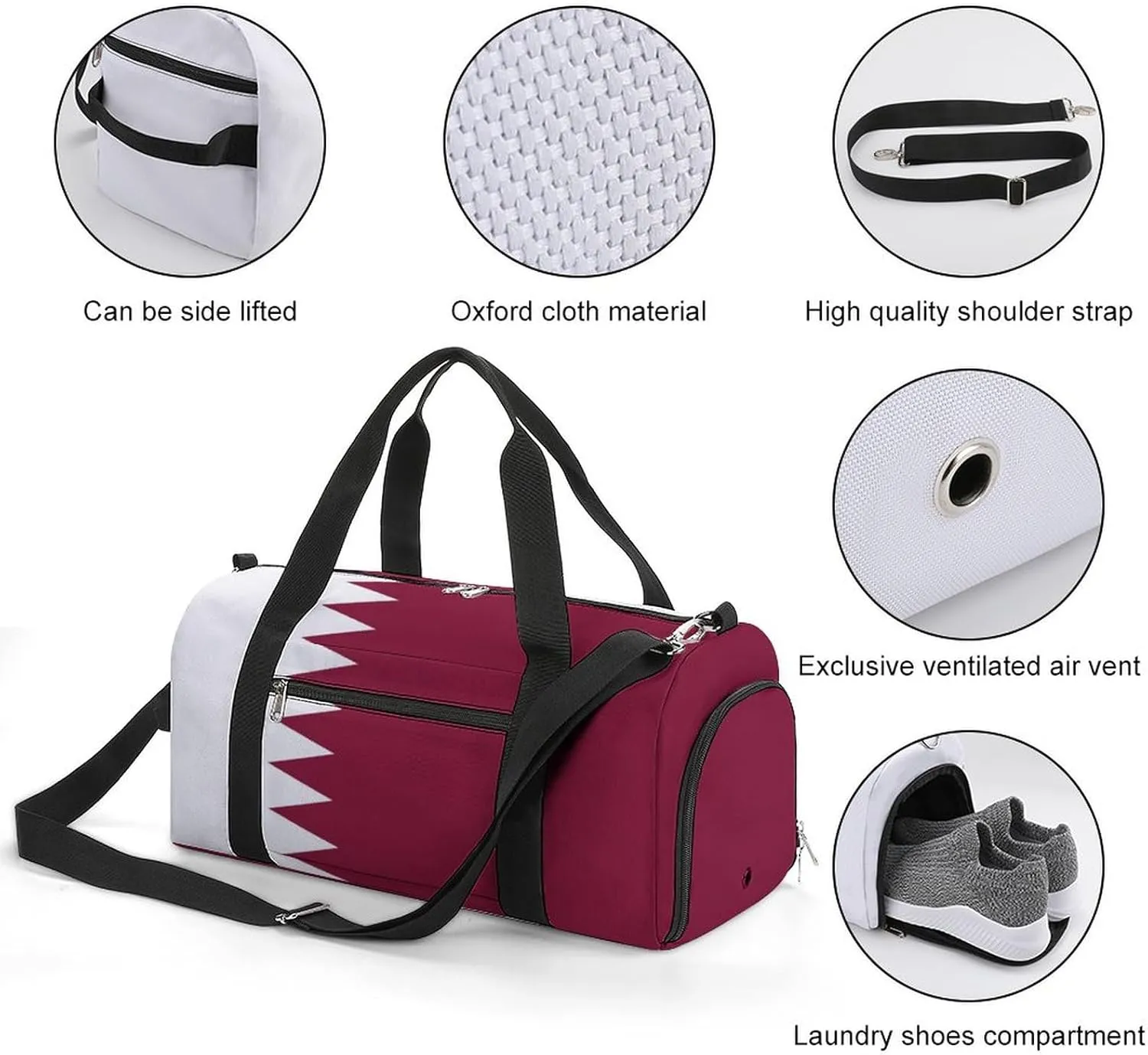 Lightweight Qatar Flag Duffel Bag for Boys Girls with Shoe Compartment Weekender