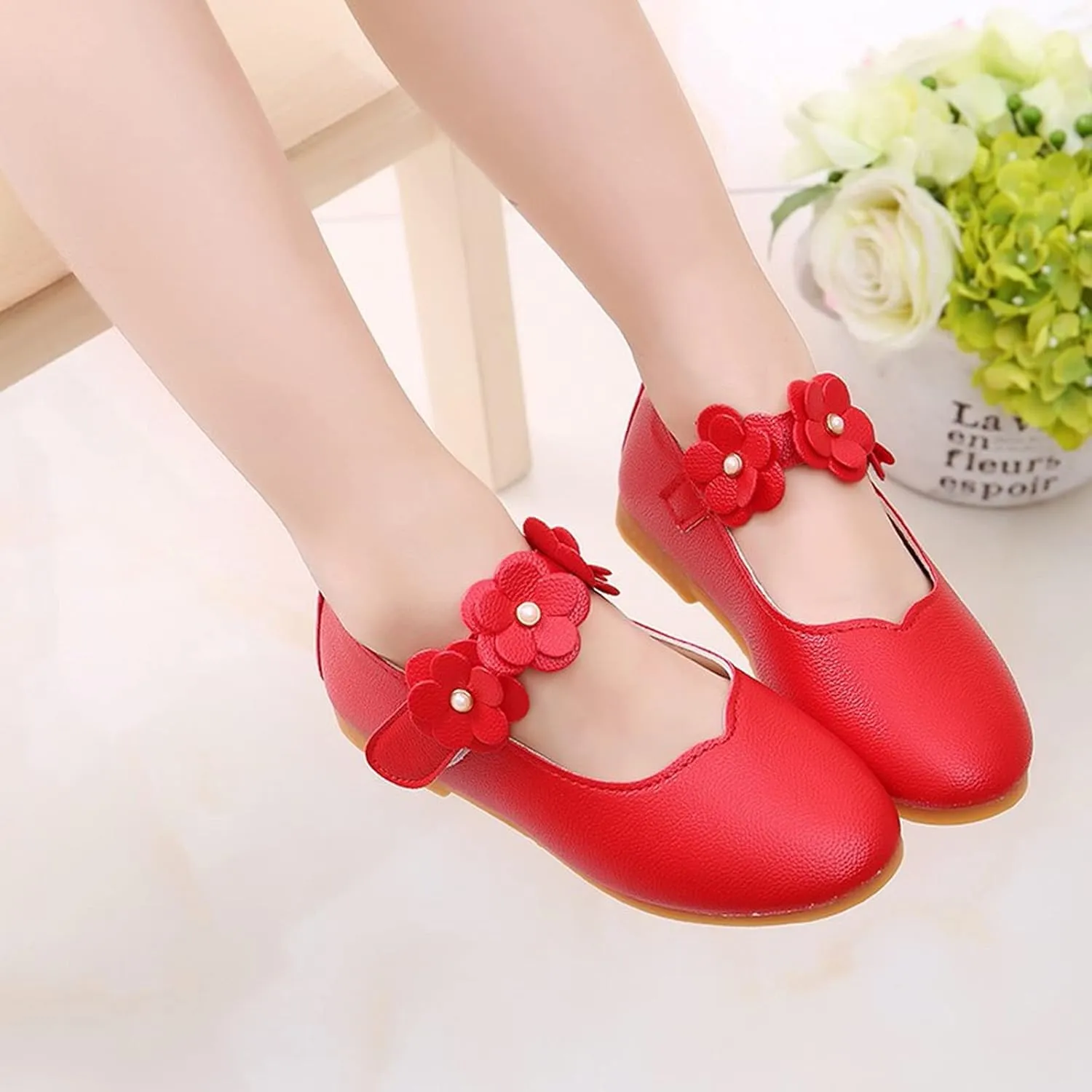 Little Girls Dress Shoes Closed Toe Wedding Party School Ankle Strap Ballet Flats Shoes Big Kids Flower Girl Shoes