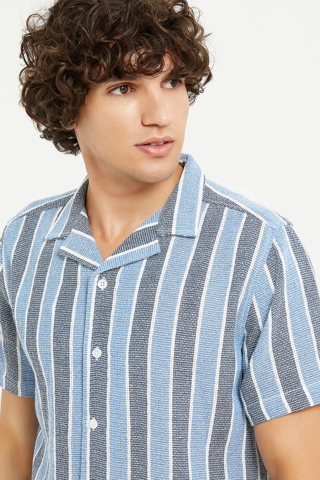 Men Blue Loose Knit Striped Shirt