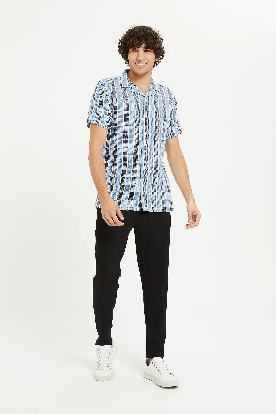 Men Blue Loose Knit Striped Shirt