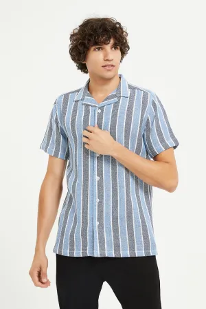 Men Blue Loose Knit Striped Shirt