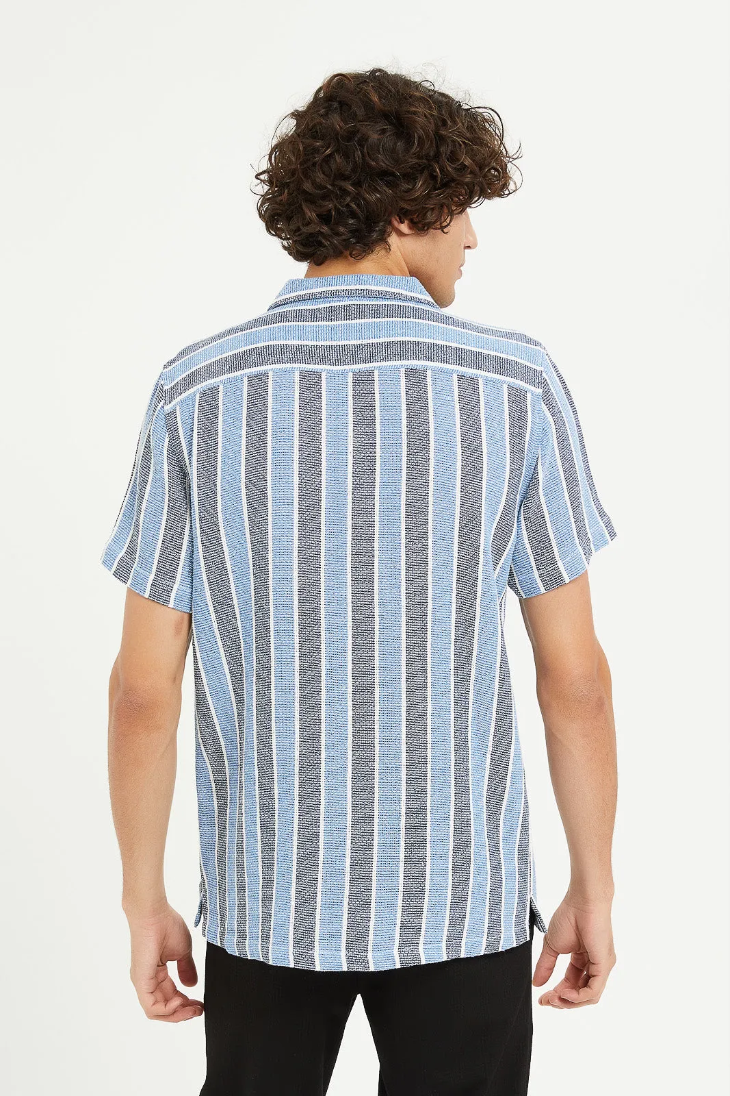 Men Blue Loose Knit Striped Shirt