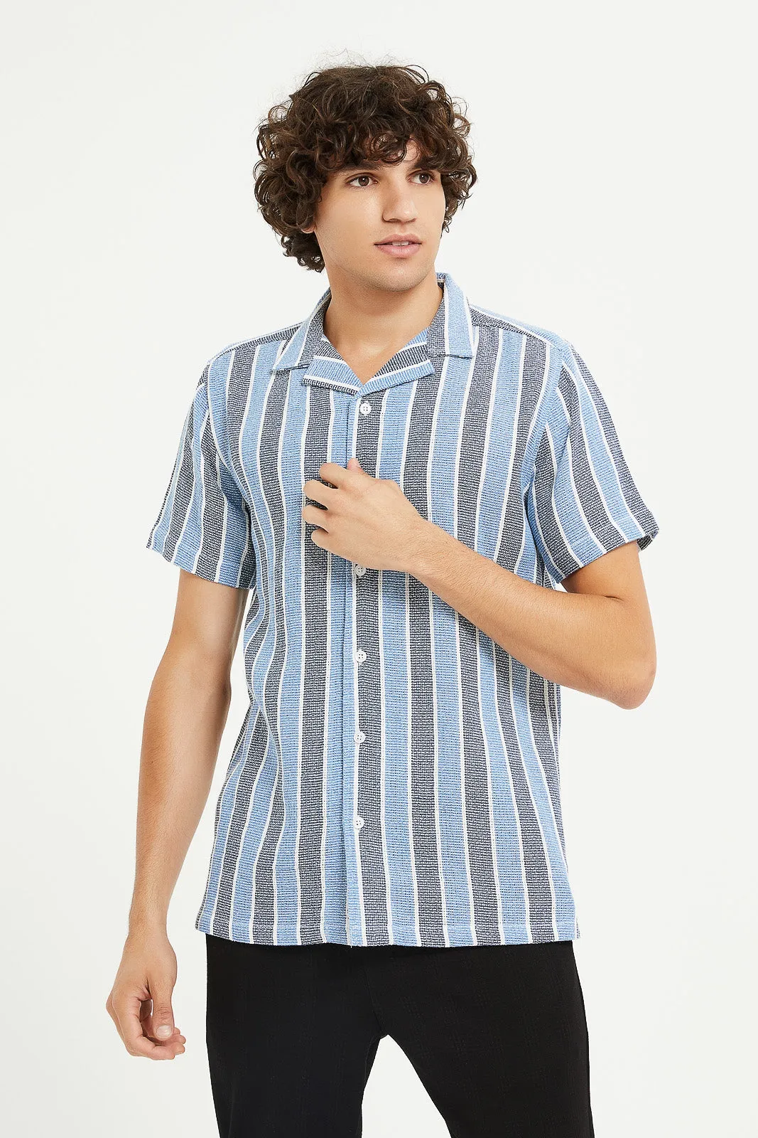 Men Blue Loose Knit Striped Shirt