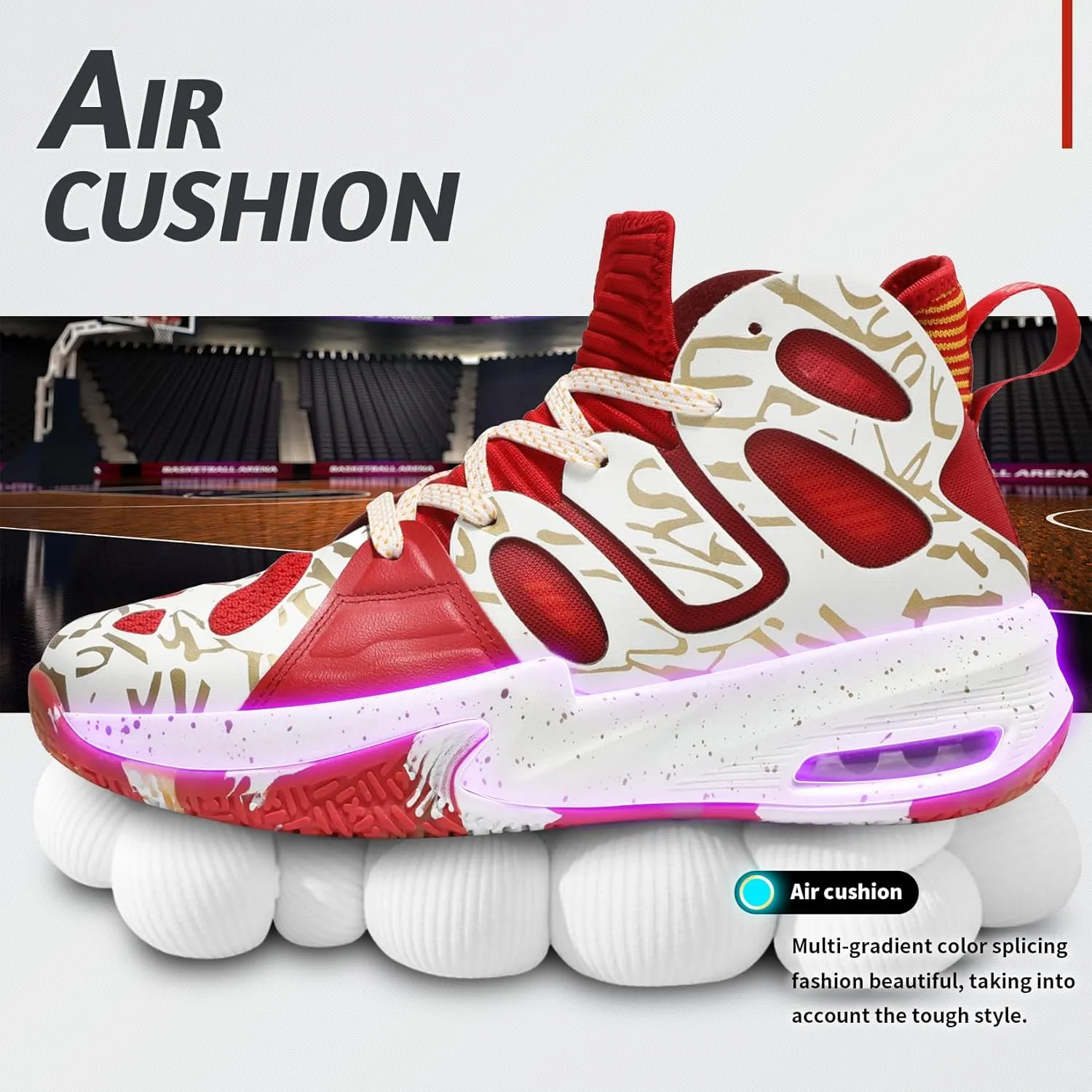 Men's Basketball Shoes Fashion Breathable Non Slip Sneakers Mens Arch Support Running Sport Shoes Red White 9.5