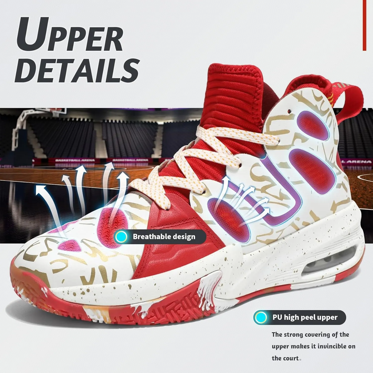 Men's Basketball Shoes Fashion Breathable Non Slip Sneakers Mens Arch Support Running Sport Shoes Red White 9.5