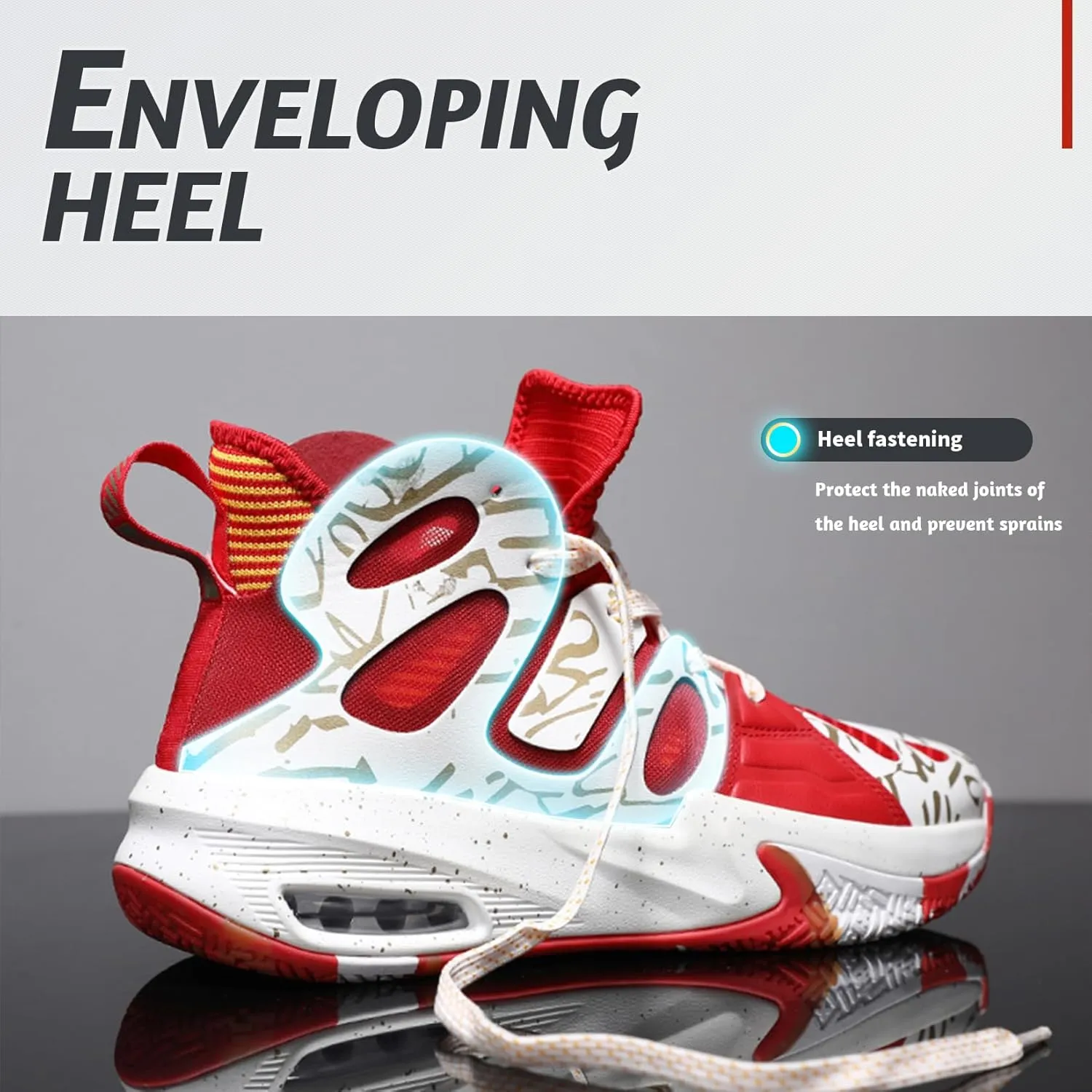 Men's Basketball Shoes Fashion Breathable Non Slip Sneakers Mens Arch Support Running Sport Shoes Red White 9.5