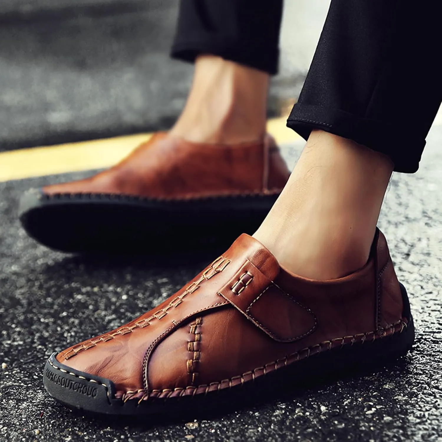 Men's Causal Loafers Slip on Leather Handmade Driving Oxford Flats Comfortable Walking Shoes