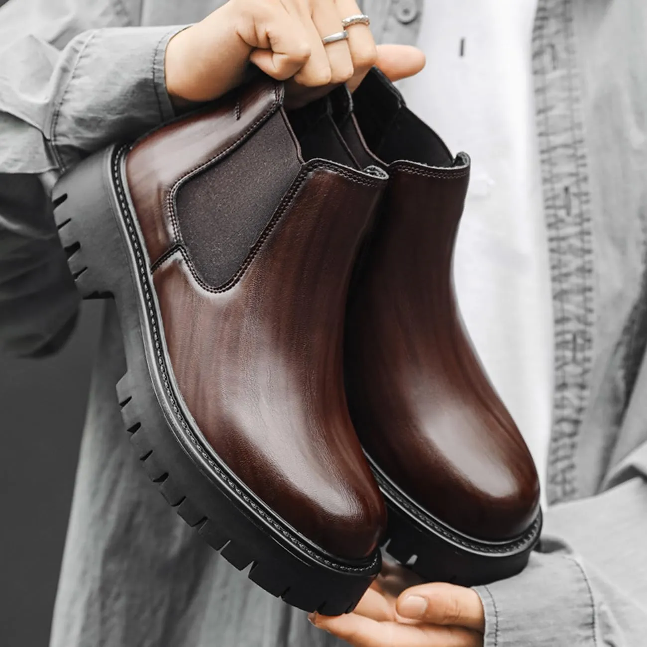 Mens Chelsea Boots Comfort Platform Work Boots Zipper Leather High Top Motorcycle Boots