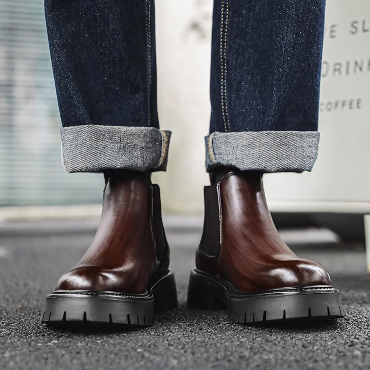 Mens Chelsea Boots Comfort Platform Work Boots Zipper Leather High Top Motorcycle Boots