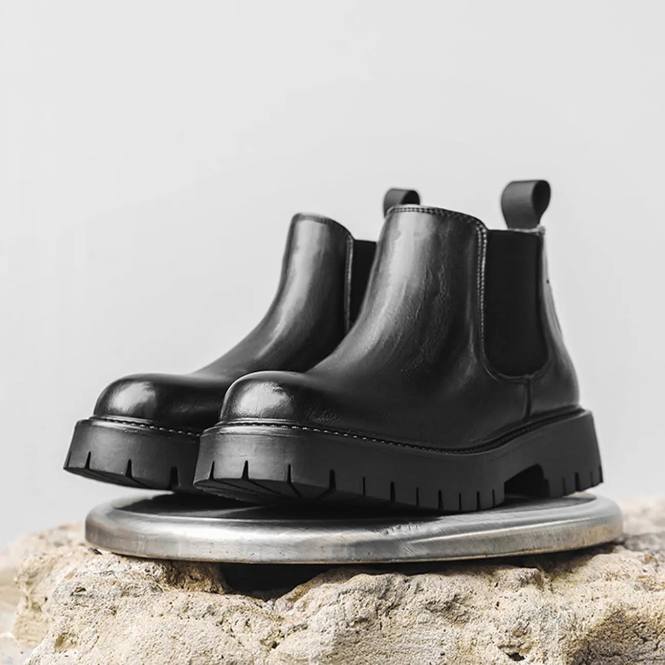 Mens Chelsea Boots Comfort Platform Work Boots Zipper Leather High Top Motorcycle Boots