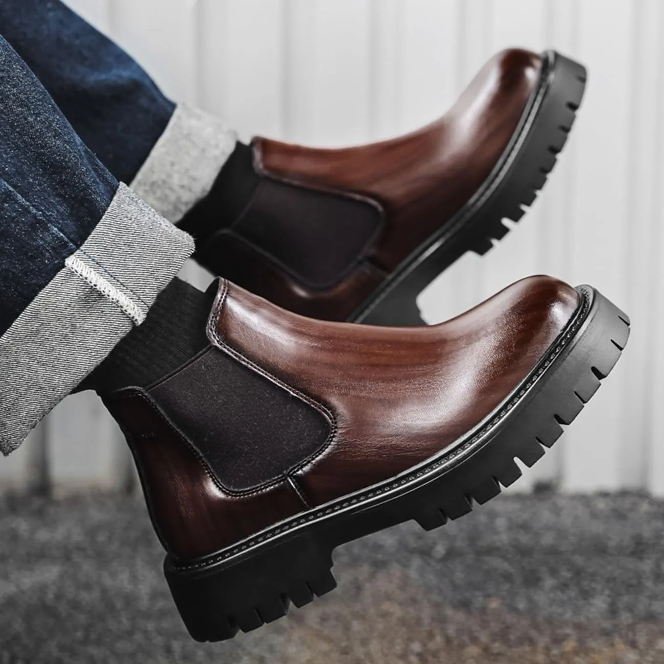 Mens Chelsea Boots Comfort Platform Work Boots Zipper Leather High Top Motorcycle Boots
