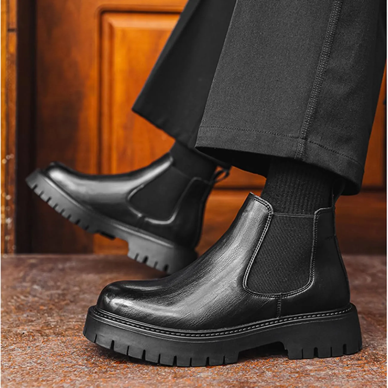 Mens Chelsea Boots Comfort Platform Work Boots Zipper Leather High Top Motorcycle Boots