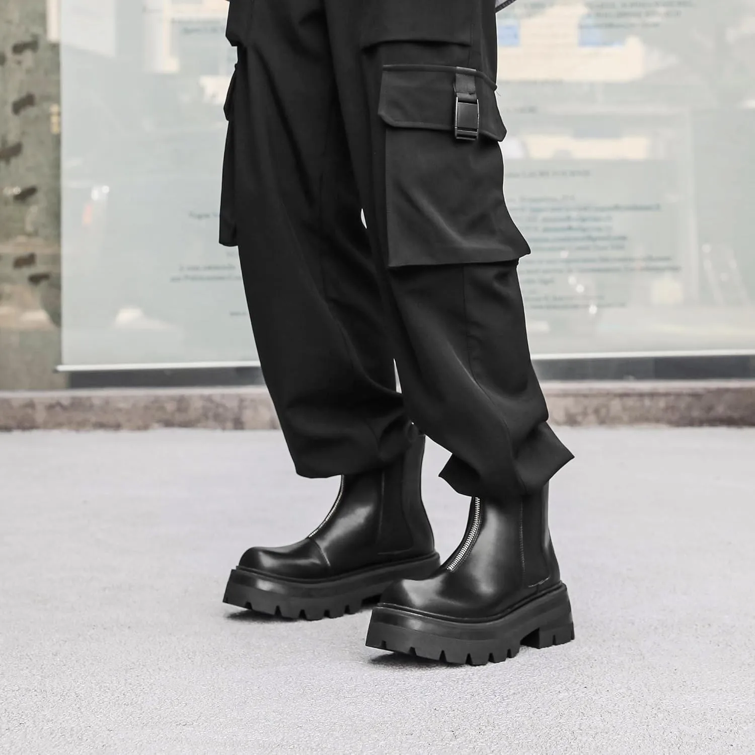 Mens Chelsea Boots Comfort Platform Work Boots Zipper Leather High Top Motorcycle Boots