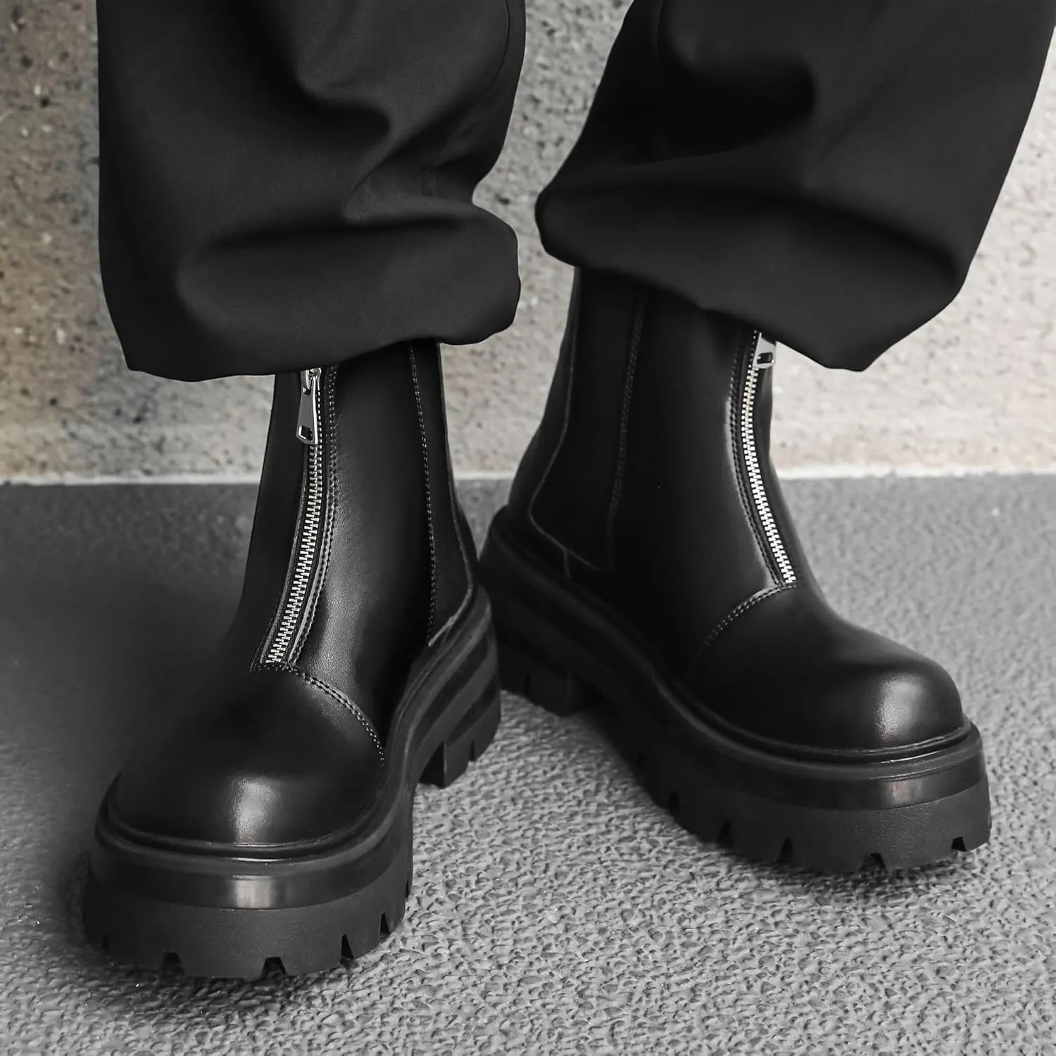 Mens Chelsea Boots Comfort Platform Work Boots Zipper Leather High Top Motorcycle Boots