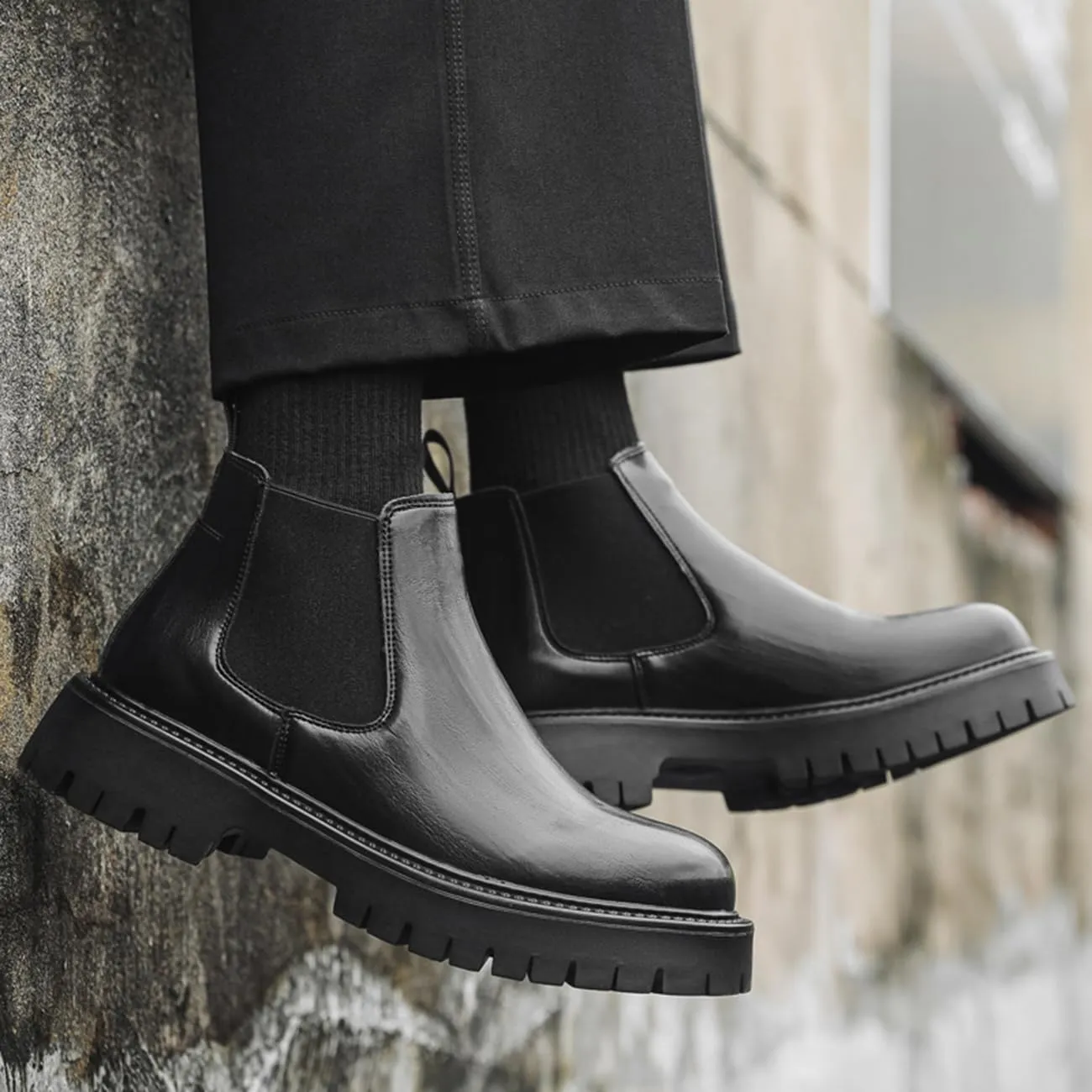 Mens Chelsea Boots Comfort Platform Work Boots Zipper Leather High Top Motorcycle Boots