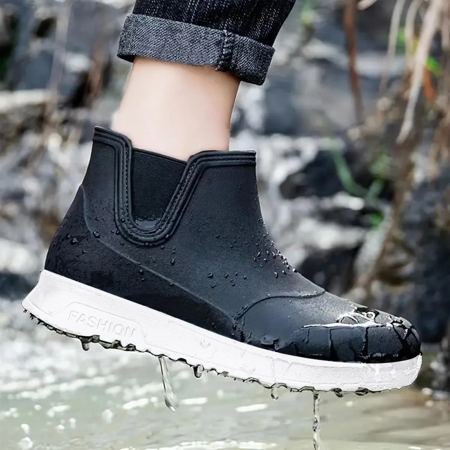 Men's Comfortable Insole Rain Boots Durable Mid Calf Deck Boots Waterproof Non Slip Rain Shoes Men Casual Garden Shoes Lightweight Kitchen Labor Shoe Black Fishing Shoe Water Footwear