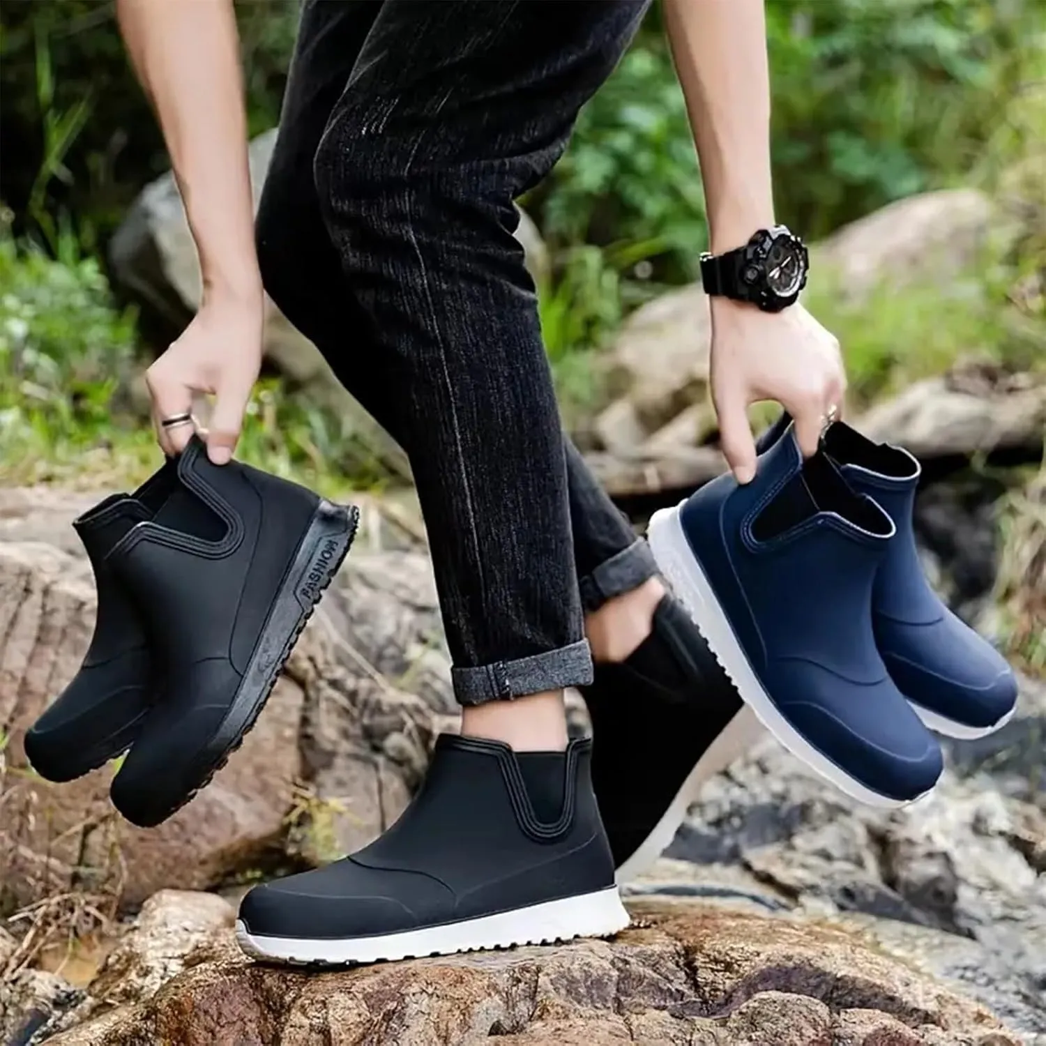 Men's Comfortable Insole Rain Boots Durable Mid Calf Deck Boots Waterproof Non Slip Rain Shoes Men Casual Garden Shoes Lightweight Kitchen Labor Shoe Black Fishing Shoe Water Footwear