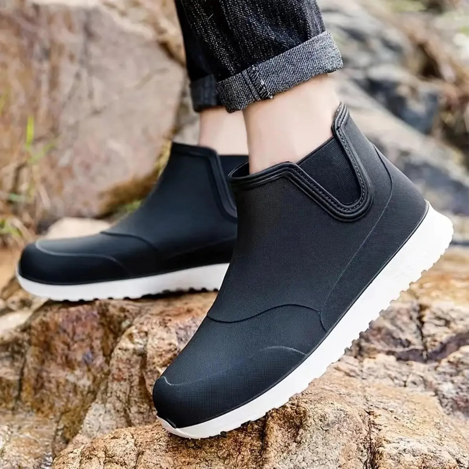 Men's Comfortable Insole Rain Boots Durable Mid Calf Deck Boots Waterproof Non Slip Rain Shoes Men Casual Garden Shoes Lightweight Kitchen Labor Shoe Black Fishing Shoe Water Footwear
