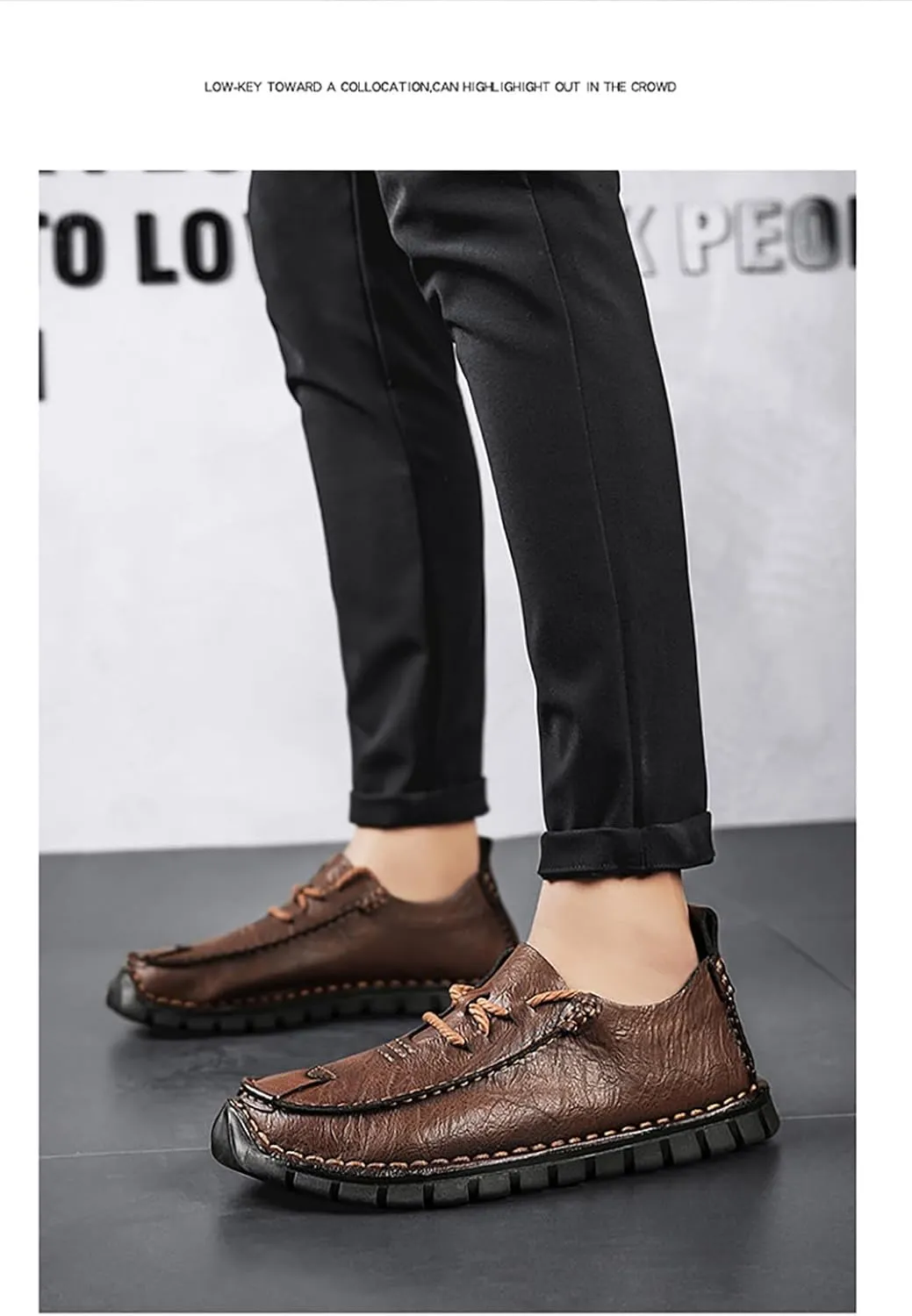 Men's Genuine Leather Hand Stitched Boat Loafers Casual Flat Sneakers,Lace-Up Non-Slip Soft Casual Walking Driving Fashion Sneakers