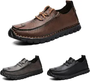 Men's Genuine Leather Hand Stitched Boat Loafers Casual Flat Sneakers,Lace-Up Non-Slip Soft Casual Walking Driving Fashion Sneakers