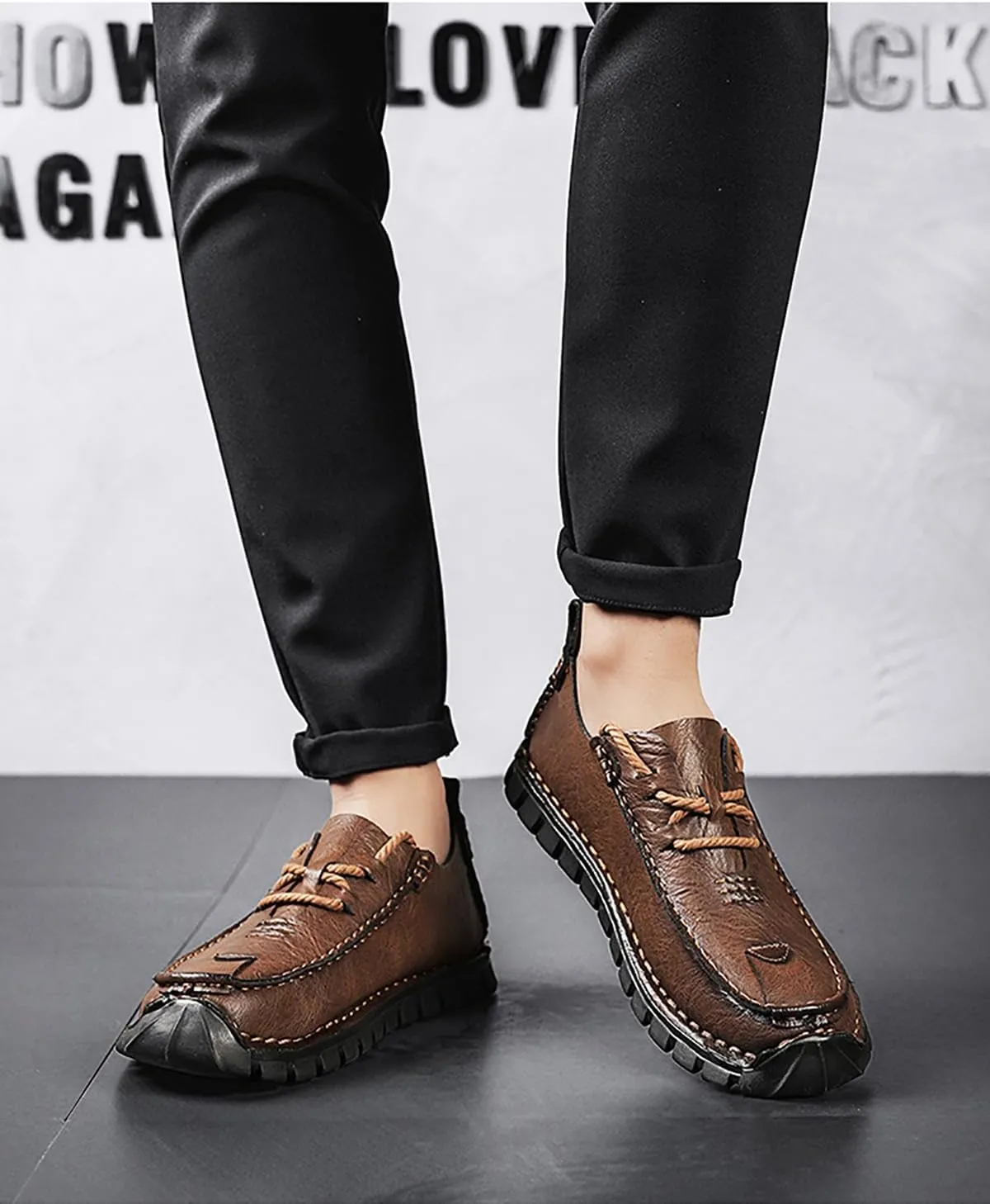 Men's Genuine Leather Hand Stitched Boat Loafers Casual Flat Sneakers,Lace-Up Non-Slip Soft Casual Walking Driving Fashion Sneakers